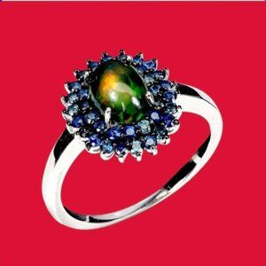 925 Sterling Silver Ring Sz 7.5 with Natural Black Opal 8x6mm & Sapphire Gems
